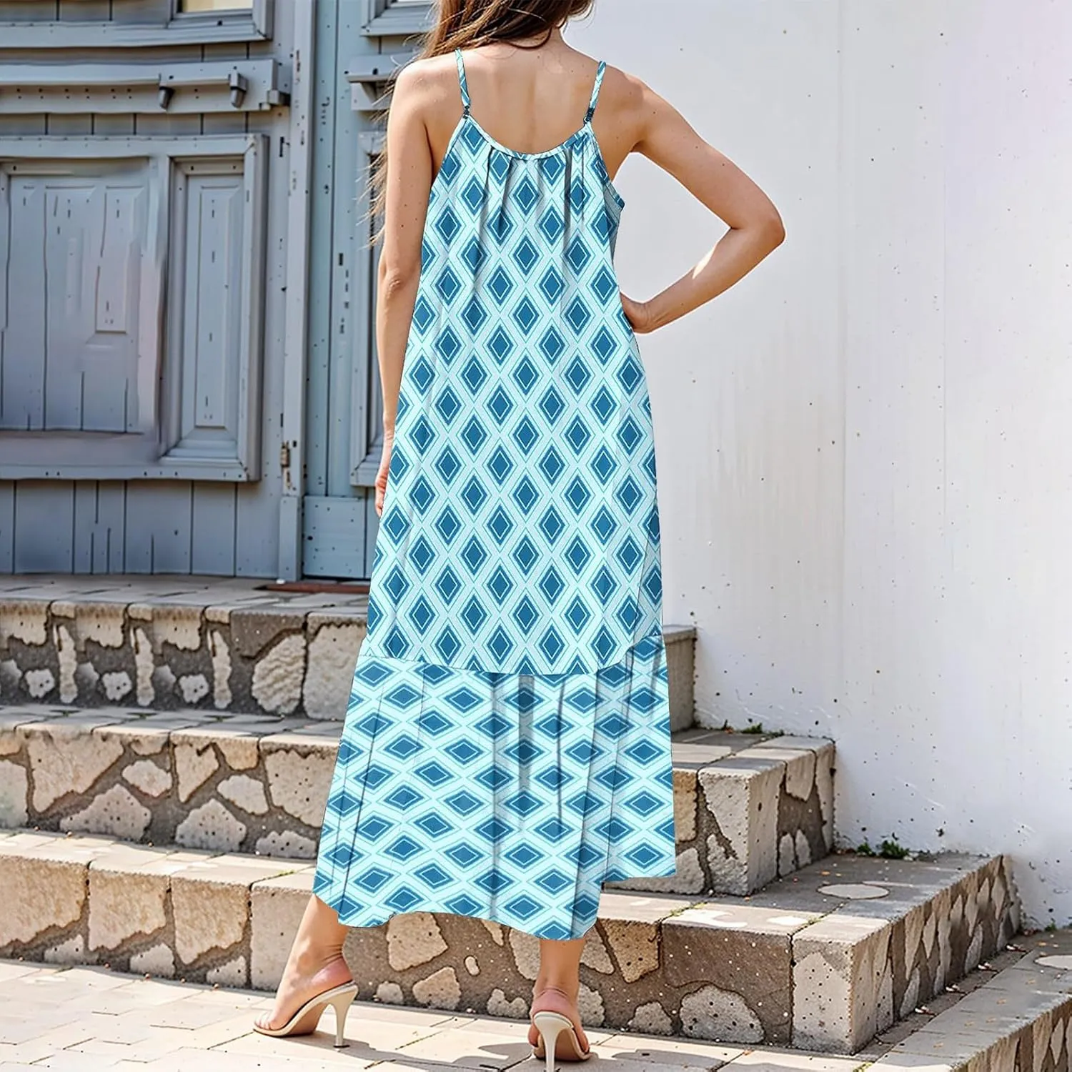 Sleeveless Maxi Dresses for Women 2025 Ruffle Spaghetti Strap Fashion Print Flowy Boho Dress Summer Vacation Dress