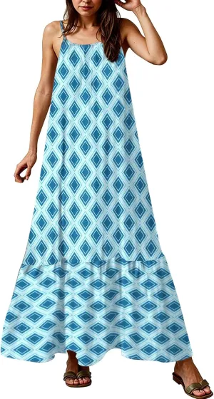 Sleeveless Maxi Dresses for Women 2025 Ruffle Spaghetti Strap Fashion Print Flowy Boho Dress Summer Vacation Dress