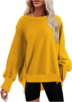 SMIDOW Womens Oversized Crewneck Sweatshirts Hoodies Fall 2023 Fashion Warm Y2k Clothes Casual Slit Sloucthy Pullover Tops