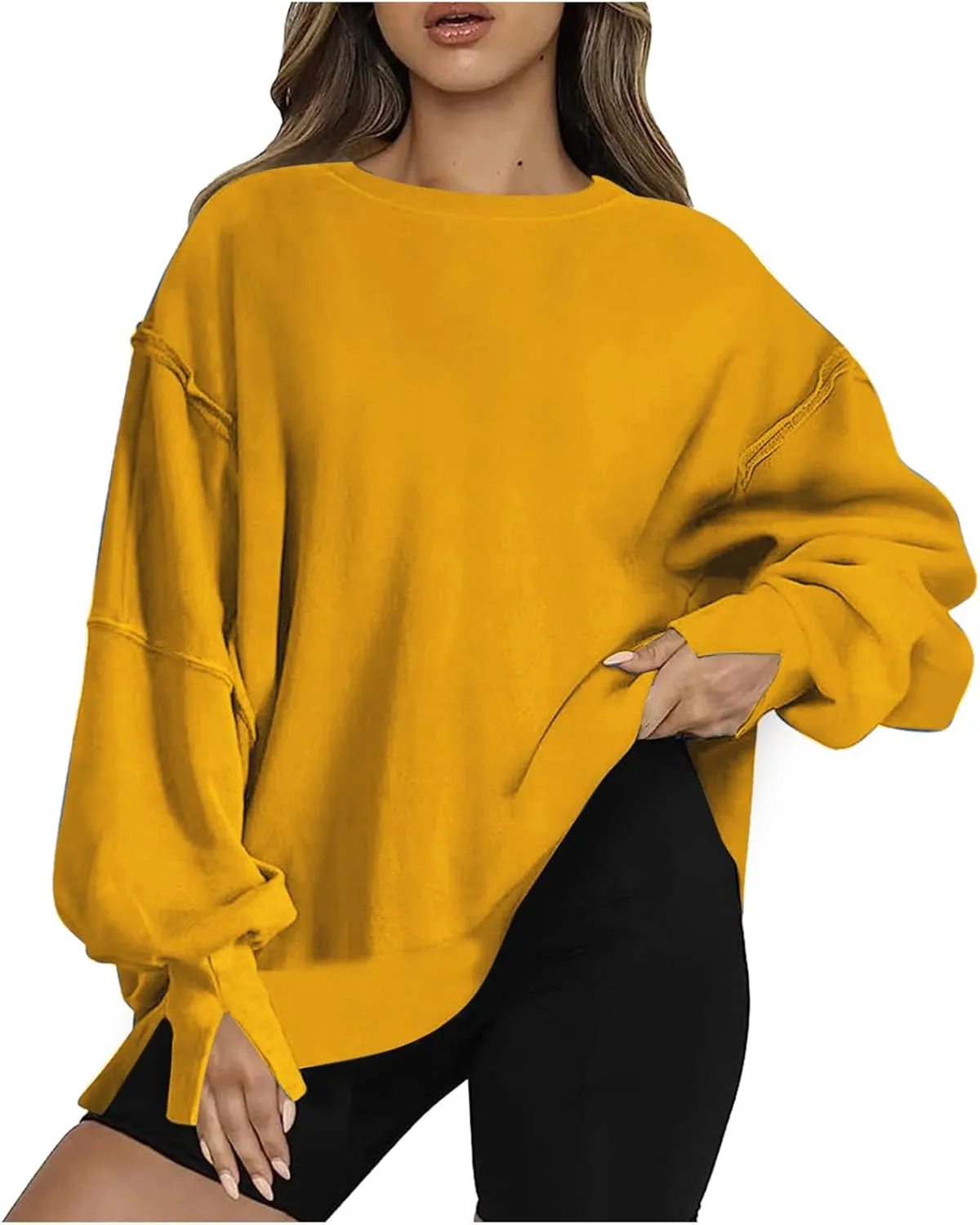 SMIDOW Womens Oversized Crewneck Sweatshirts Hoodies Fall 2023 Fashion Warm Y2k Clothes Casual Slit Sloucthy Pullover Tops