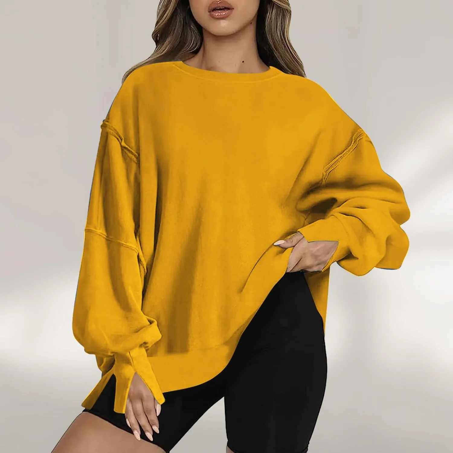 SMIDOW Womens Oversized Crewneck Sweatshirts Hoodies Fall 2023 Fashion Warm Y2k Clothes Casual Slit Sloucthy Pullover Tops