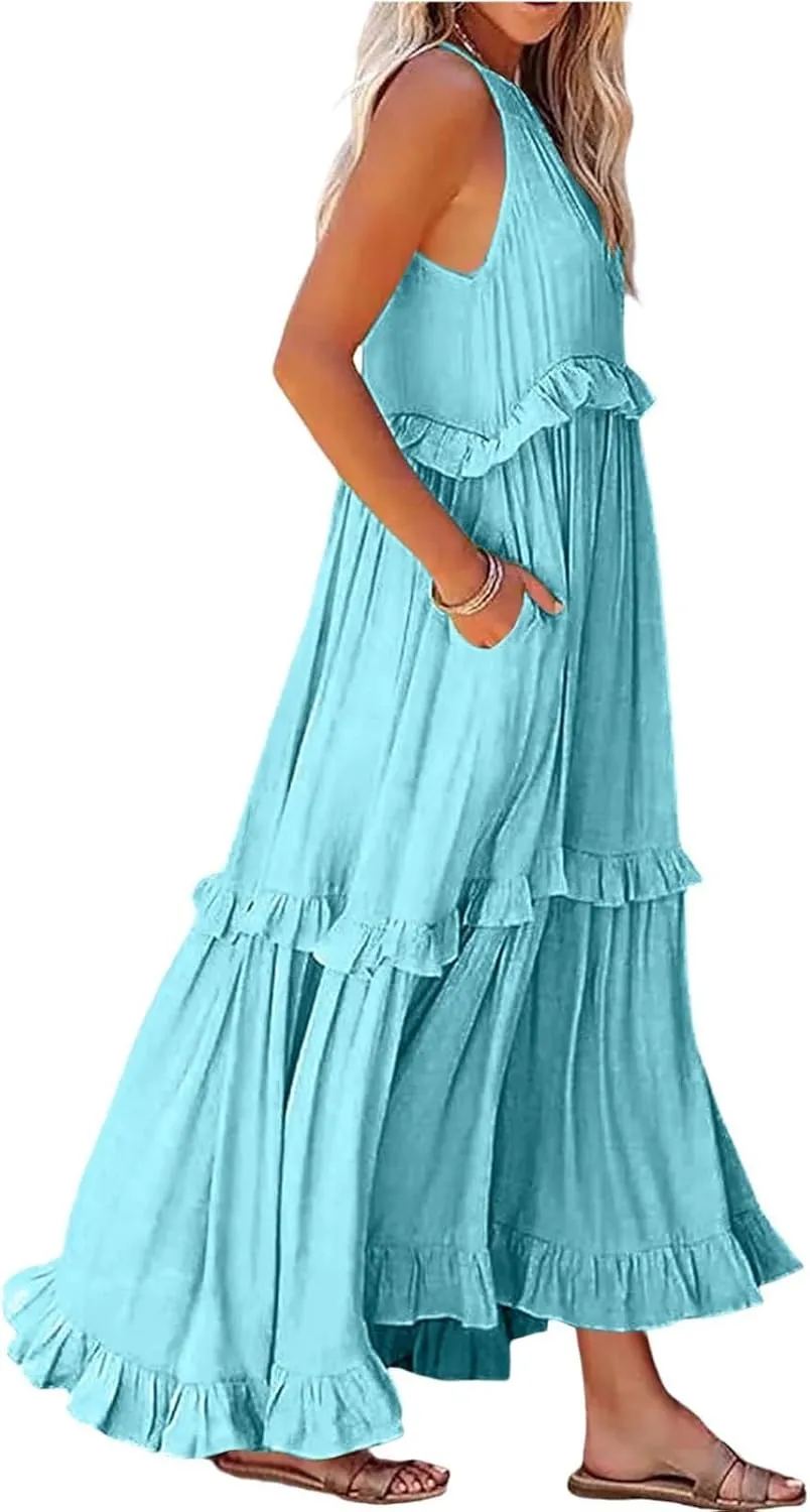 Smocked Halter Maxi Dresses for Women 2024 Summer Tiered Beach Dress Sleeveless Flowy Swing Dresses with Pockets