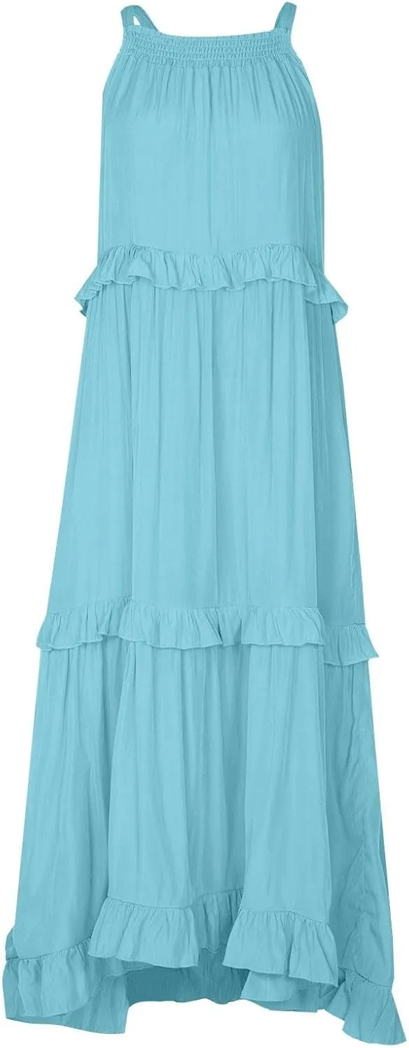 Smocked Halter Maxi Dresses for Women 2024 Summer Tiered Beach Dress Sleeveless Flowy Swing Dresses with Pockets