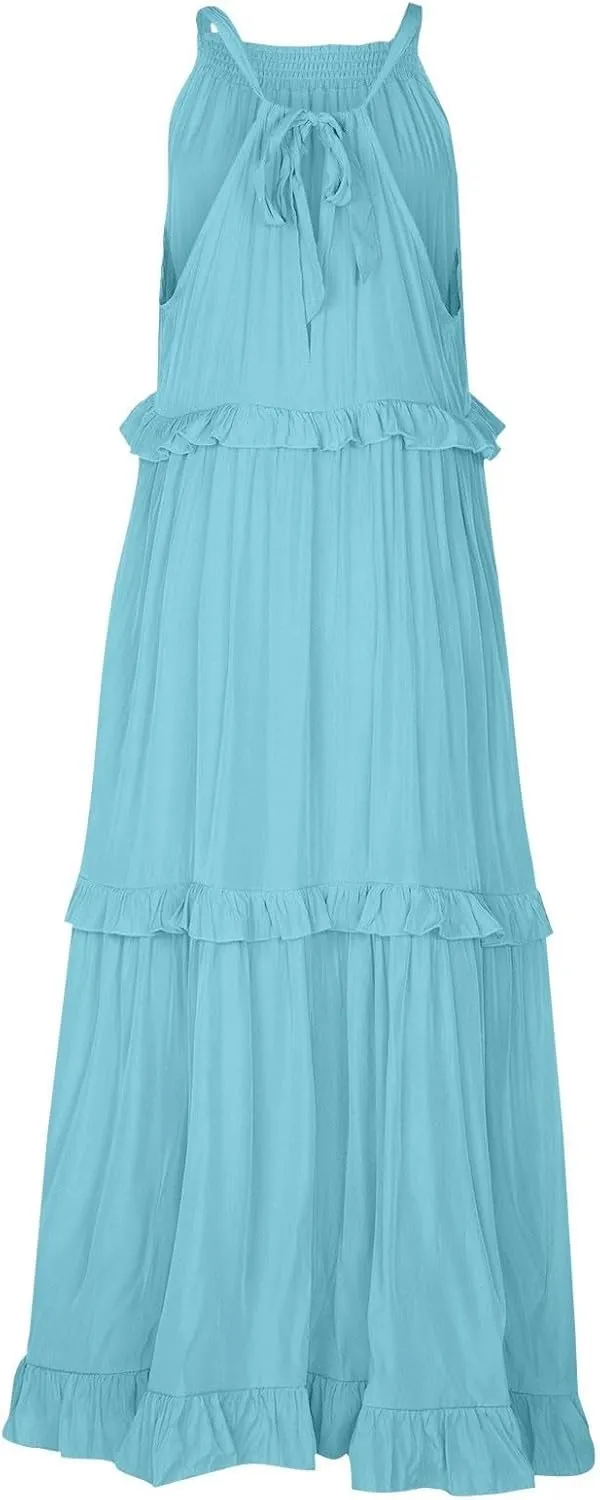 Smocked Halter Maxi Dresses for Women 2024 Summer Tiered Beach Dress Sleeveless Flowy Swing Dresses with Pockets