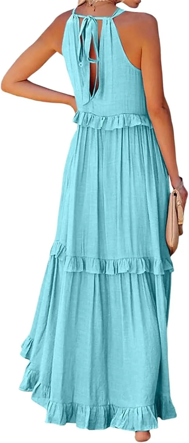 Smocked Halter Maxi Dresses for Women 2024 Summer Tiered Beach Dress Sleeveless Flowy Swing Dresses with Pockets