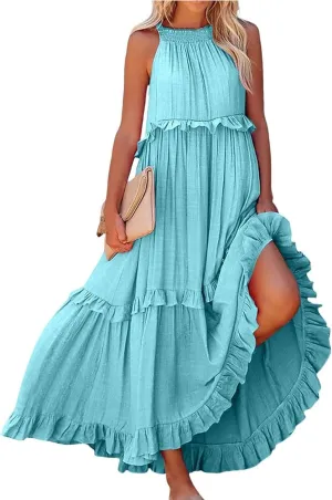 Smocked Halter Maxi Dresses for Women 2024 Summer Tiered Beach Dress Sleeveless Flowy Swing Dresses with Pockets