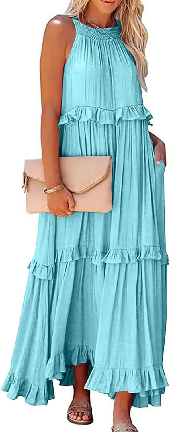 Smocked Halter Maxi Dresses for Women 2024 Summer Tiered Beach Dress Sleeveless Flowy Swing Dresses with Pockets