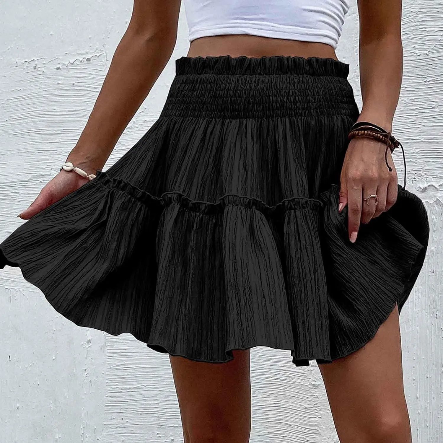 Smocked Mini Skirt for Women High Waist Ruffle Tiered Skater Skirts Summer Casual Trendy Outfits