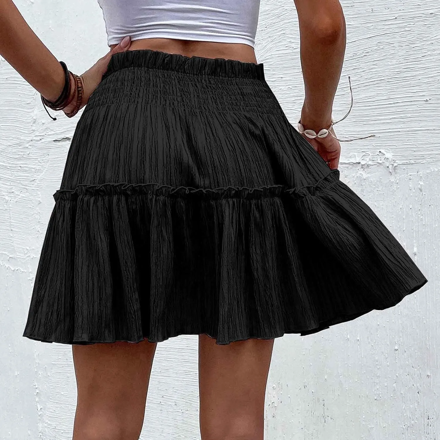 Smocked Mini Skirt for Women High Waist Ruffle Tiered Skater Skirts Summer Casual Trendy Outfits