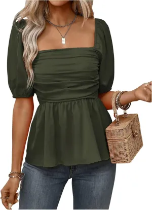 SOLY HUX Women's Blouse Puff Short Sleeve Square Neck Ruched Shirred Ruffle Summer Dressy Casual Tops
