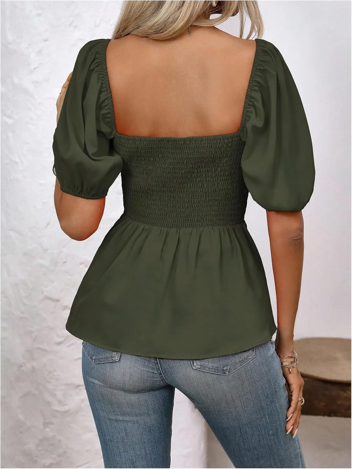 SOLY HUX Women's Blouse Puff Short Sleeve Square Neck Ruched Shirred Ruffle Summer Dressy Casual Tops
