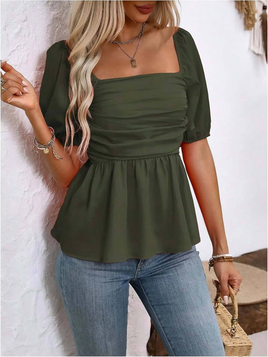 SOLY HUX Women's Blouse Puff Short Sleeve Square Neck Ruched Shirred Ruffle Summer Dressy Casual Tops