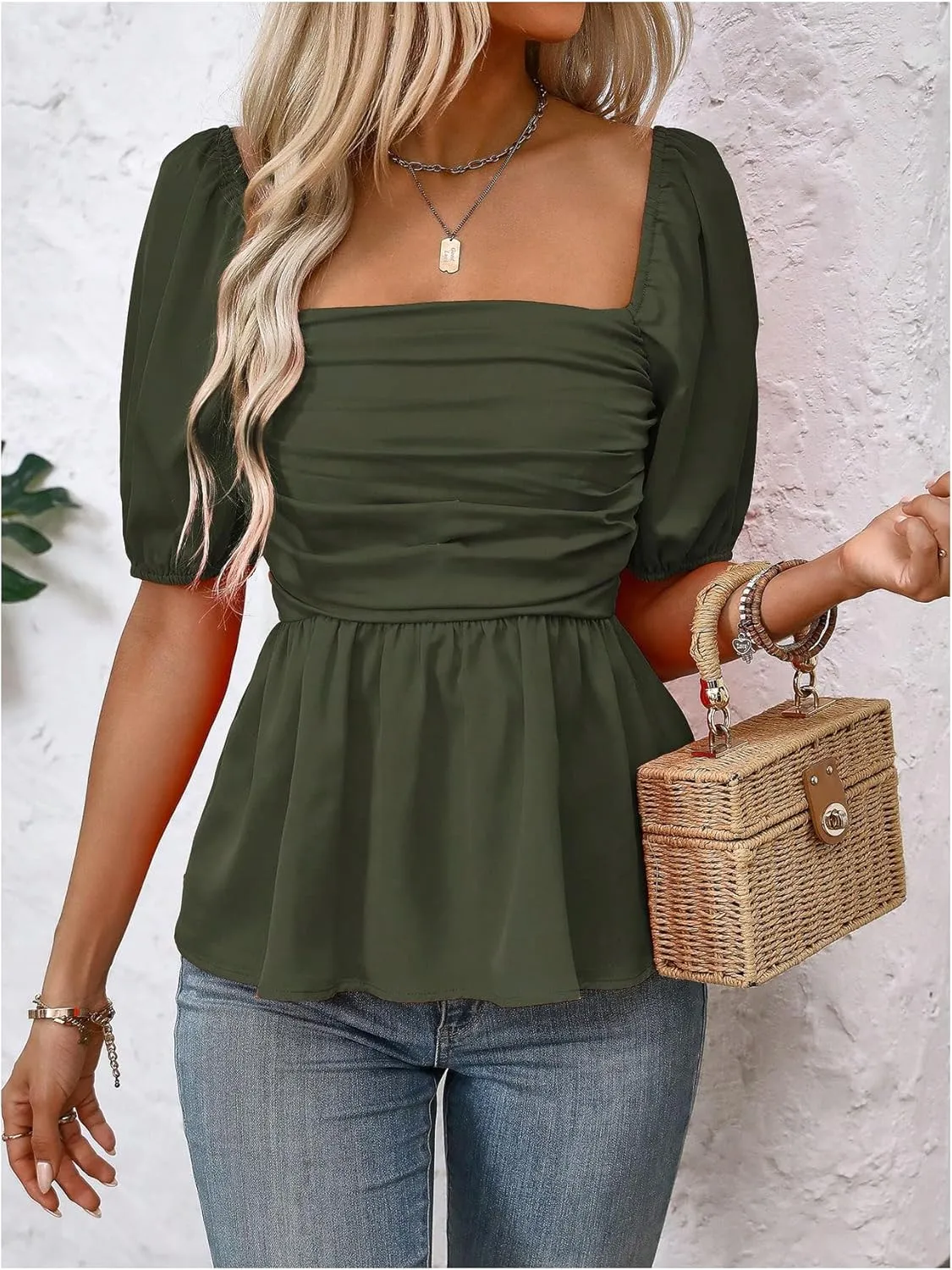 SOLY HUX Women's Blouse Puff Short Sleeve Square Neck Ruched Shirred Ruffle Summer Dressy Casual Tops