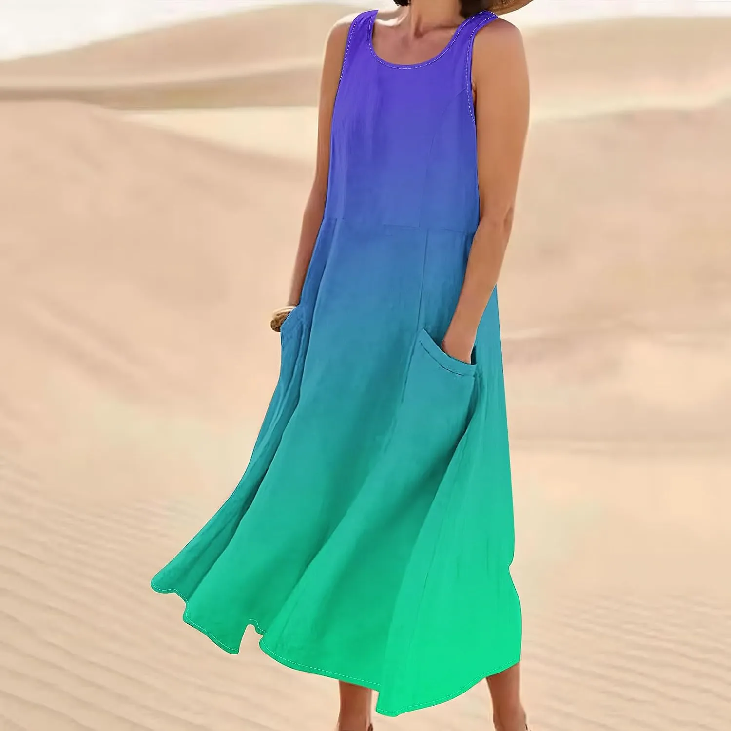 Spring Dresses for Women 2025 Casual Sleeveless Linen Maxi Derss Summer Plus Size Cotton Beach Dresses with Pockets
