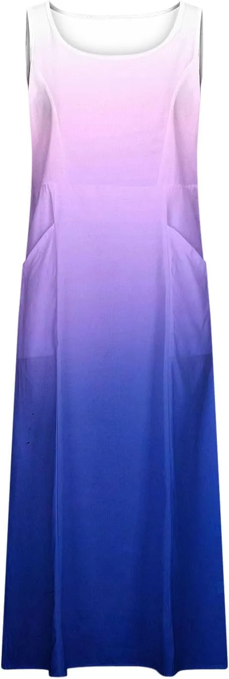 Spring Dresses for Women 2025 Casual Sleeveless Linen Maxi Derss Summer Plus Size Cotton Beach Dresses with Pockets
