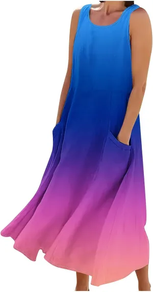 Spring Dresses for Women 2025 Casual Sleeveless Linen Maxi Derss Summer Plus Size Cotton Beach Dresses with Pockets