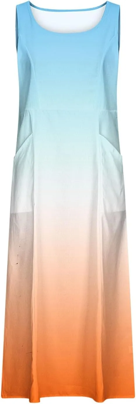 Spring Dresses for Women 2025 Casual Sleeveless Linen Maxi Derss Summer Plus Size Cotton Beach Dresses with Pockets