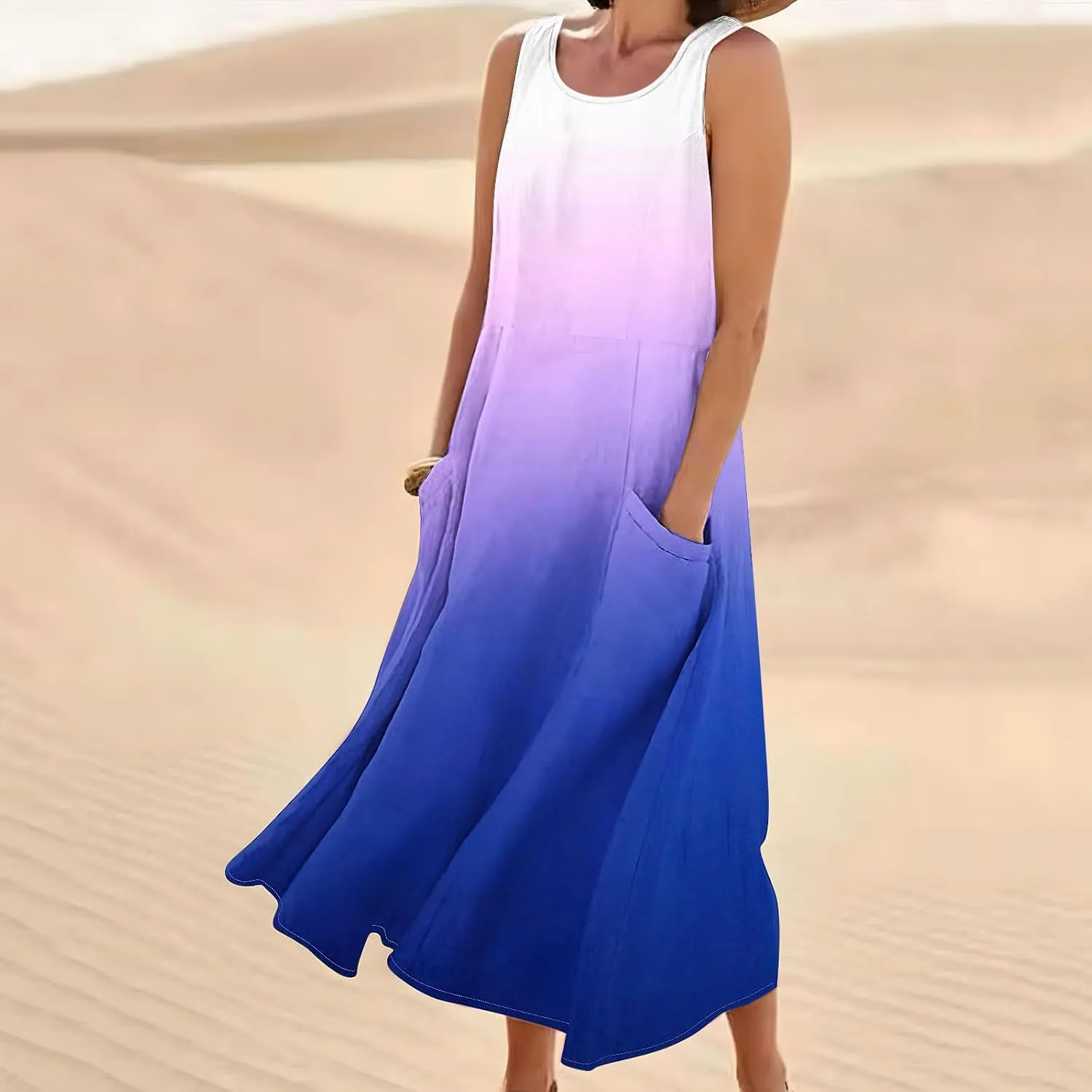 Spring Dresses for Women 2025 Casual Sleeveless Linen Maxi Derss Summer Plus Size Cotton Beach Dresses with Pockets