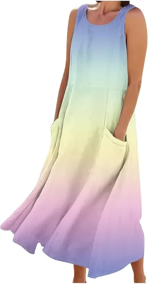 Spring Dresses for Women 2025 Casual Sleeveless Linen Maxi Derss Summer Plus Size Cotton Beach Dresses with Pockets