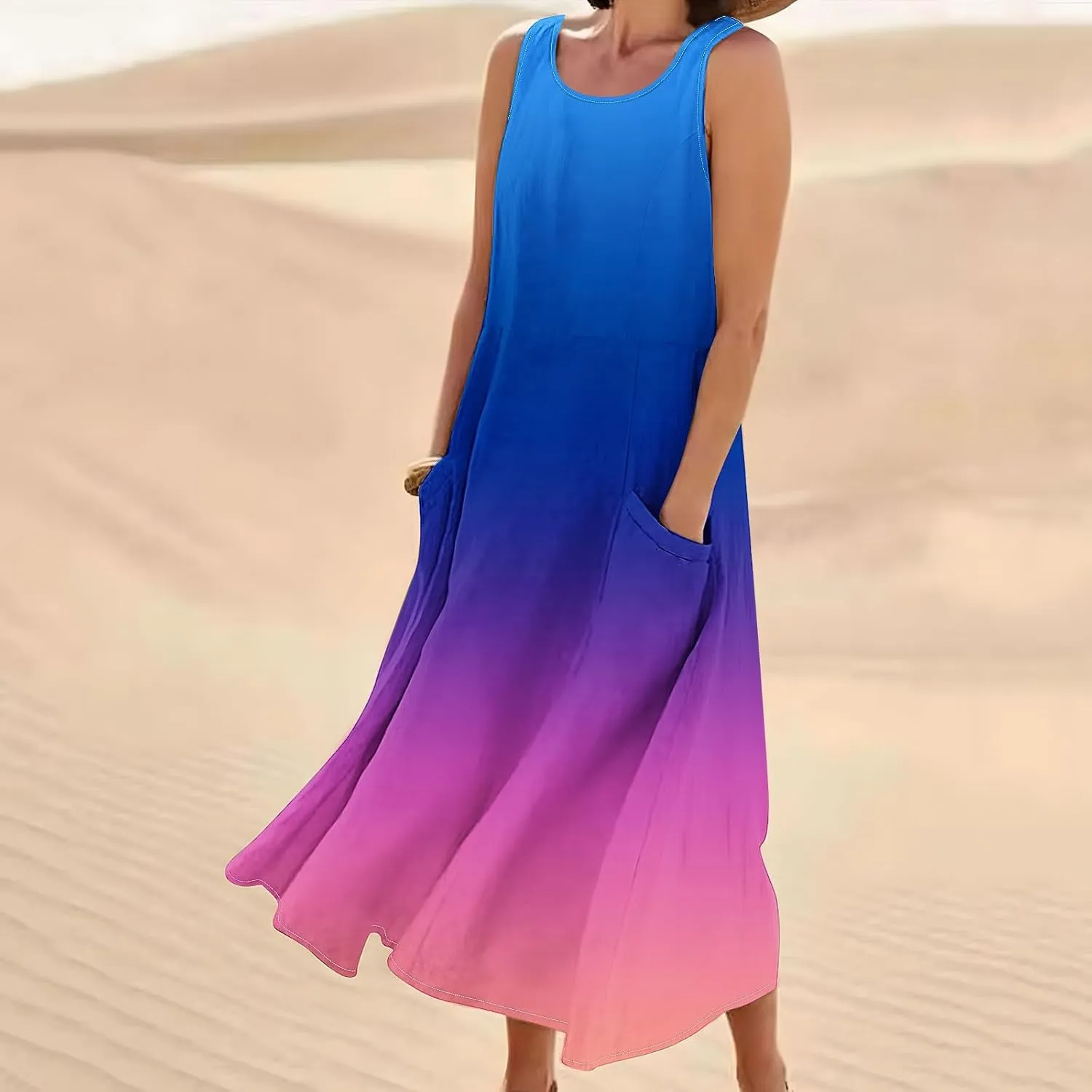 Spring Dresses for Women 2025 Casual Sleeveless Linen Maxi Derss Summer Plus Size Cotton Beach Dresses with Pockets