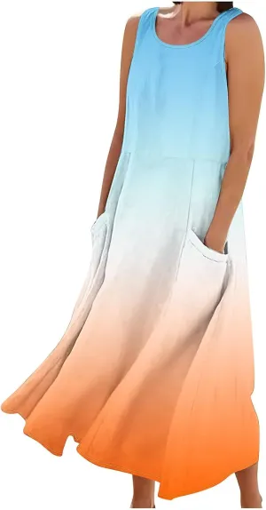 Spring Dresses for Women 2025 Casual Sleeveless Linen Maxi Derss Summer Plus Size Cotton Beach Dresses with Pockets