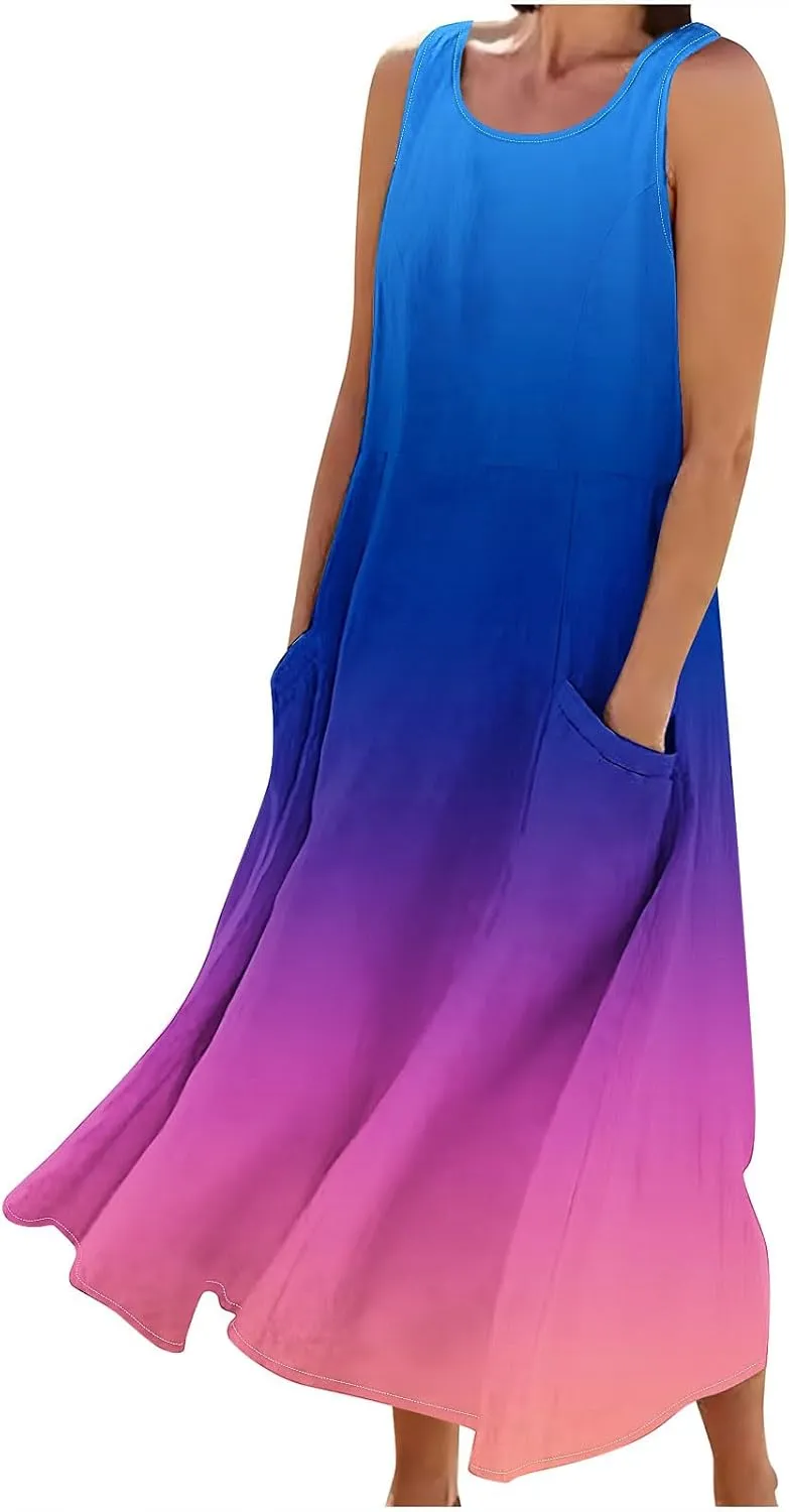 Spring Dresses for Women 2025 Casual Sleeveless Linen Maxi Derss Summer Plus Size Cotton Beach Dresses with Pockets