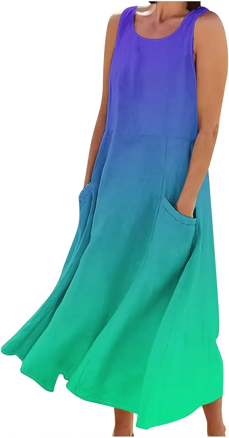 Spring Dresses for Women 2025 Casual Sleeveless Linen Maxi Derss Summer Plus Size Cotton Beach Dresses with Pockets
