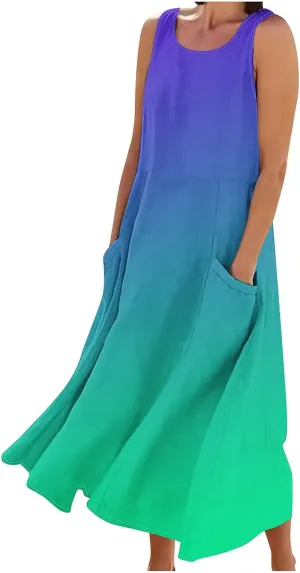Spring Dresses for Women 2025 Casual Sleeveless Linen Maxi Derss Summer Plus Size Cotton Beach Dresses with Pockets