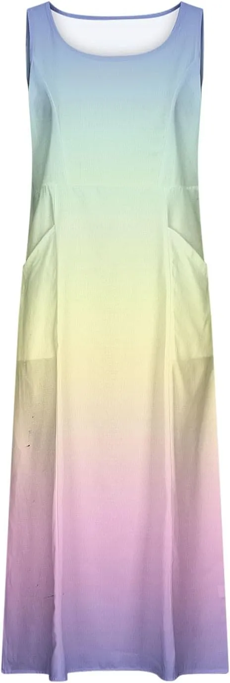 Spring Dresses for Women 2025 Casual Sleeveless Linen Maxi Derss Summer Plus Size Cotton Beach Dresses with Pockets