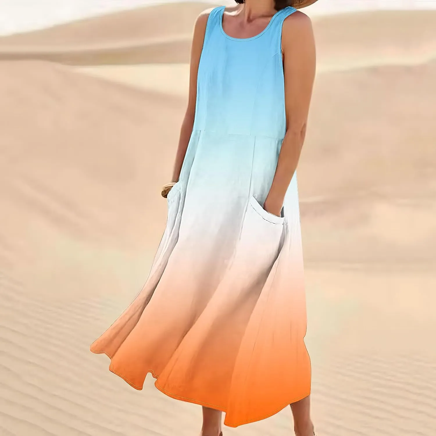 Spring Dresses for Women 2025 Casual Sleeveless Linen Maxi Derss Summer Plus Size Cotton Beach Dresses with Pockets