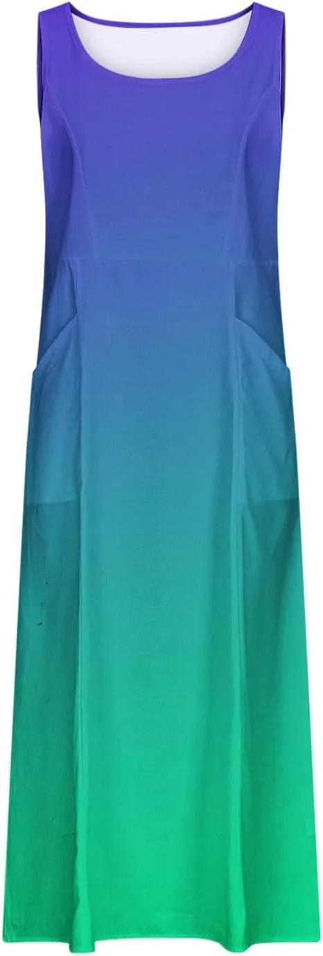 Spring Dresses for Women 2025 Casual Sleeveless Linen Maxi Derss Summer Plus Size Cotton Beach Dresses with Pockets