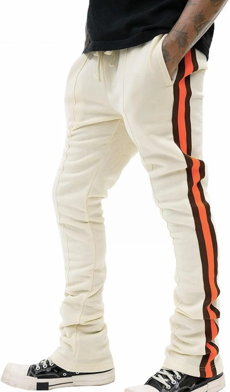 Stacked Sweatpants for Men Workout Joggers Gym Tapered Trousers Athletic Pants Casual Splicing Drawstring Sweat Pants