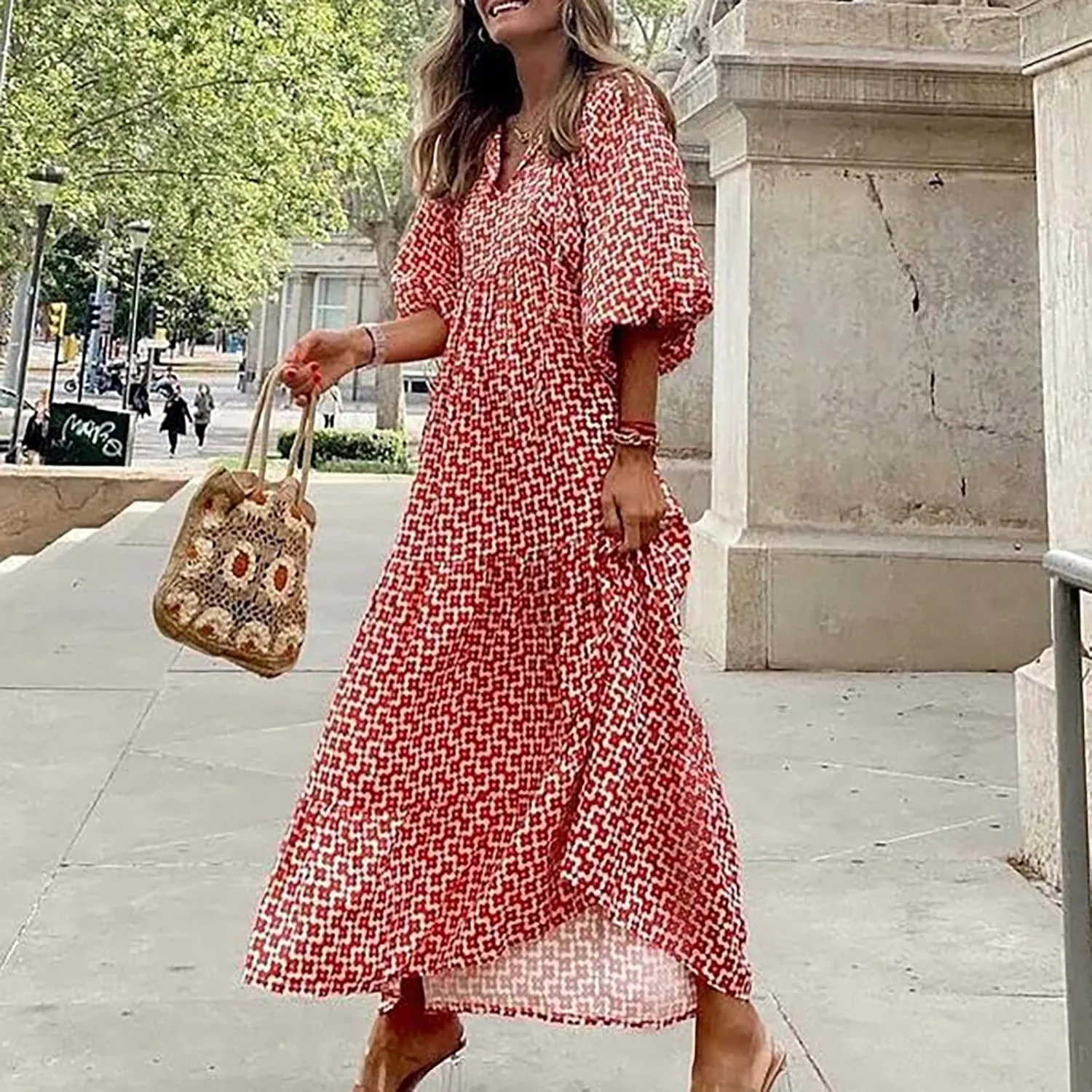 Summer Boho Dresses for Women 2025 Puff Sleeve Flower Geometric Maxi Dress Comfy Tiered Gingham Long Flowy Dress