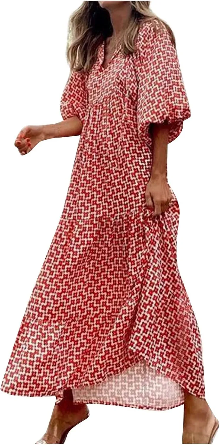 Summer Boho Dresses for Women 2025 Puff Sleeve Flower Geometric Maxi Dress Comfy Tiered Gingham Long Flowy Dress