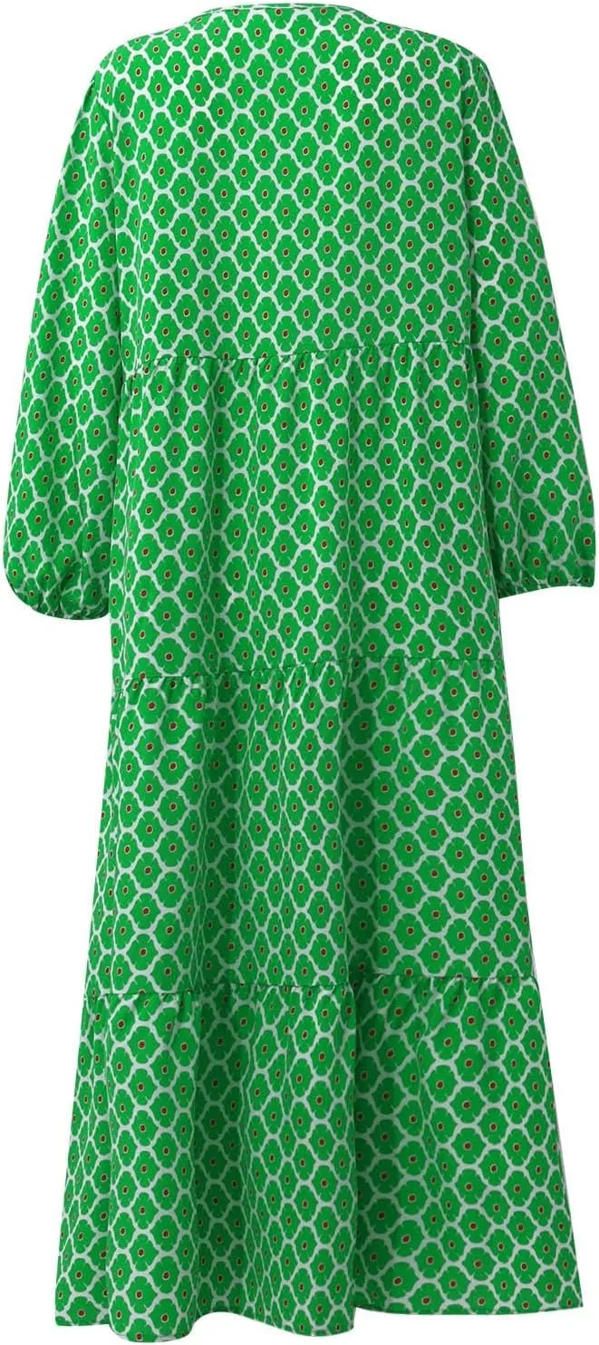 Summer Boho Dresses for Women 2025 Puff Sleeve Flower Geometric Maxi Dress Comfy Tiered Gingham Long Flowy Dress
