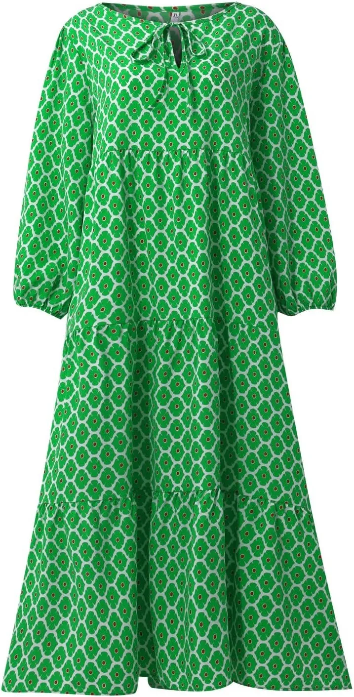 Summer Boho Dresses for Women 2025 Puff Sleeve Flower Geometric Maxi Dress Comfy Tiered Gingham Long Flowy Dress