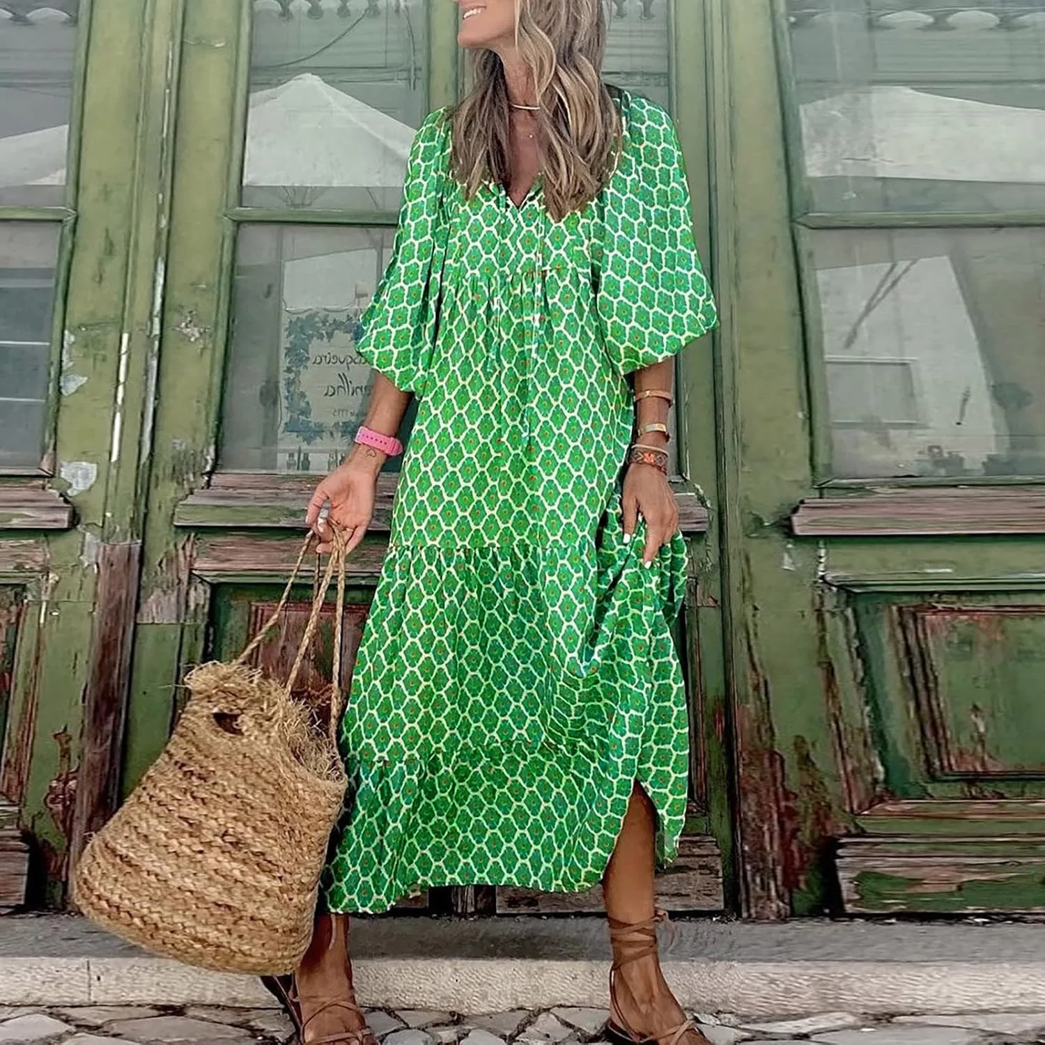 Summer Boho Dresses for Women 2025 Puff Sleeve Flower Geometric Maxi Dress Comfy Tiered Gingham Long Flowy Dress