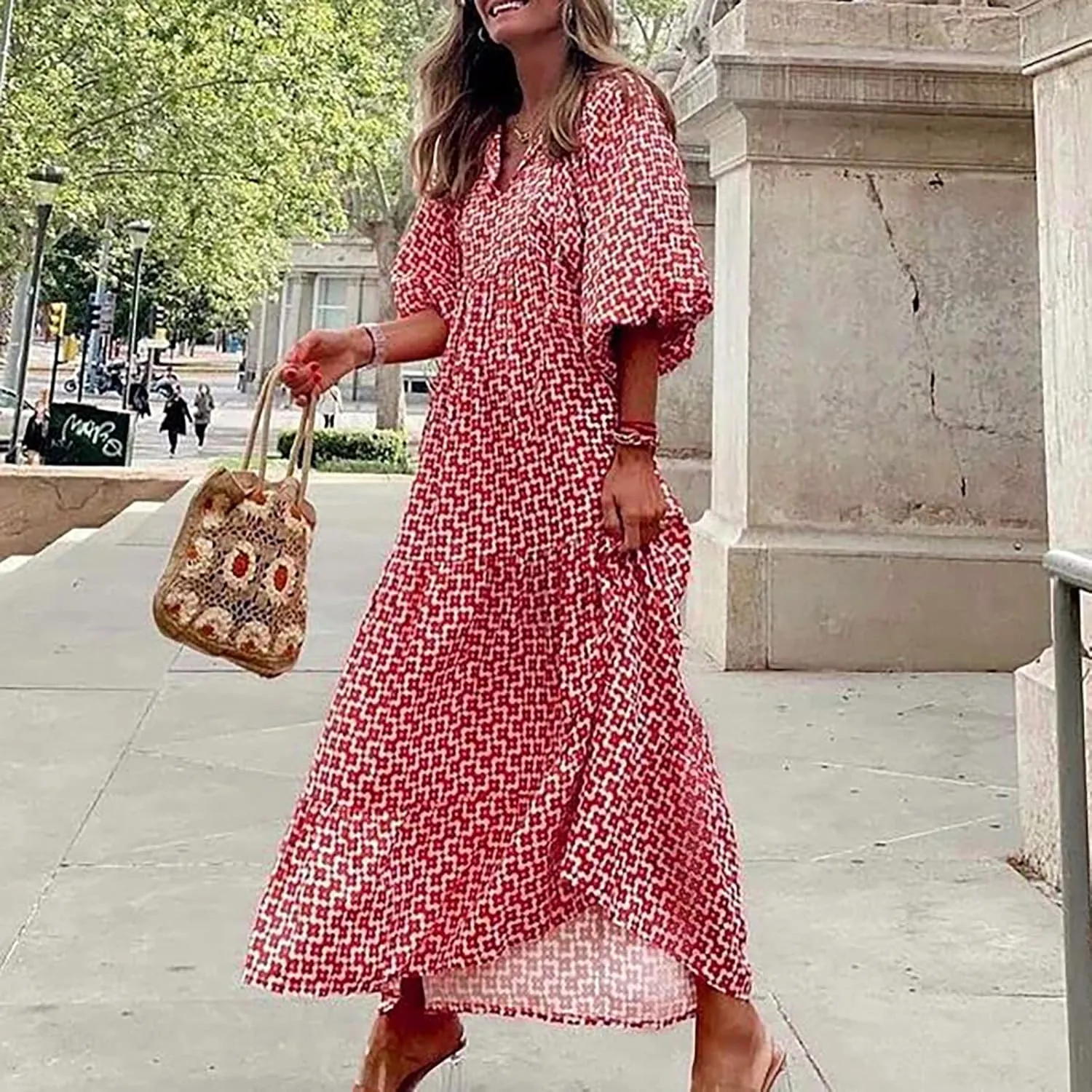 Summer Boho Dresses for Women 2025 Puff Sleeve Flower Geometric Maxi Dress Comfy Tiered Gingham Long Flowy Dress