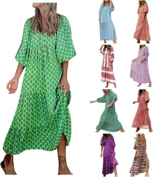 Summer Boho Dresses for Women 2025 Puff Sleeve Flower Geometric Maxi Dress Comfy Tiered Gingham Long Flowy Dress