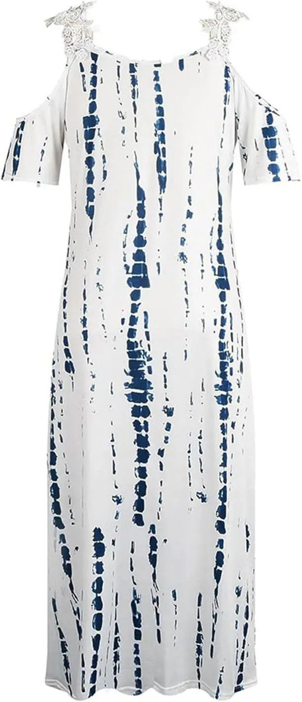 Summer Dress for Women Print V-Neck Off Shoulder Short Sleeve Splicing Lace Summer Casual Flowy Maxi Dress