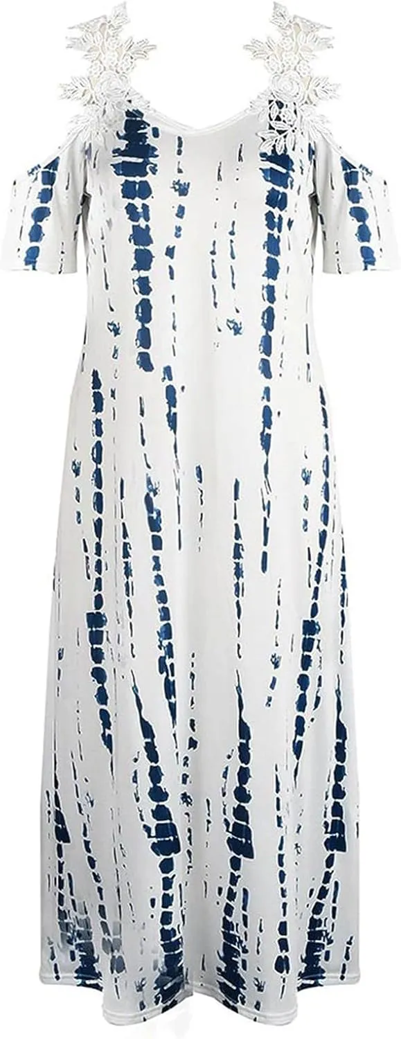 Summer Dress for Women Print V-Neck Off Shoulder Short Sleeve Splicing Lace Summer Casual Flowy Maxi Dress