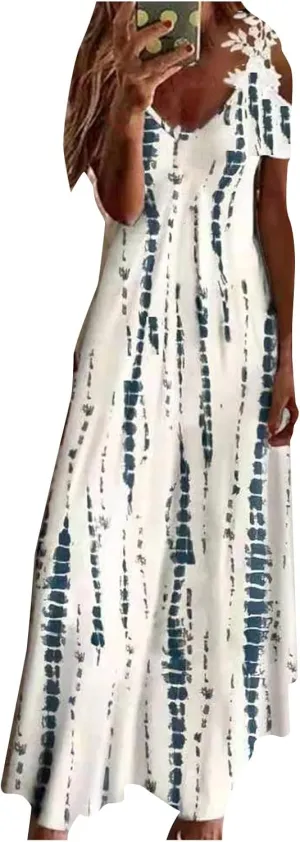 Summer Dress for Women Print V-Neck Off Shoulder Short Sleeve Splicing Lace Summer Casual Flowy Maxi Dress