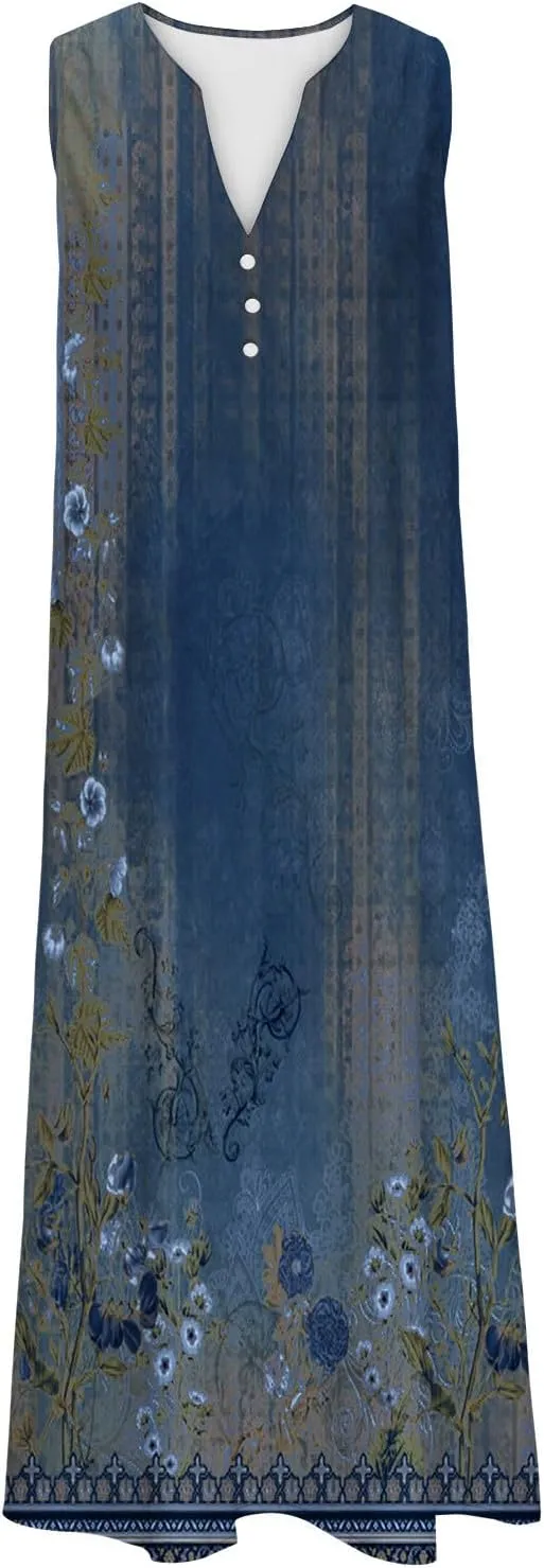 Summer Dresses for Women 2025 Casual Boho Beach Vacation Dress Floral V Neck Sundress Trendy Sleeveless Long Dresses