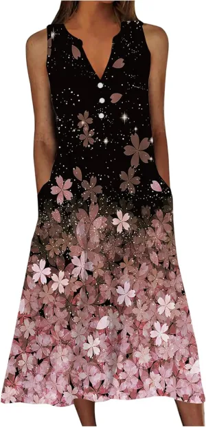 Summer Dresses for Women 2025 Casual Boho Beach Vacation Dress Floral V Neck Sundress Trendy Sleeveless Long Dresses