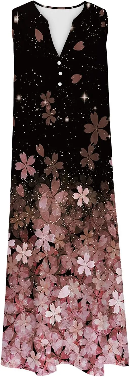 Summer Dresses for Women 2025 Casual Boho Beach Vacation Dress Floral V Neck Sundress Trendy Sleeveless Long Dresses