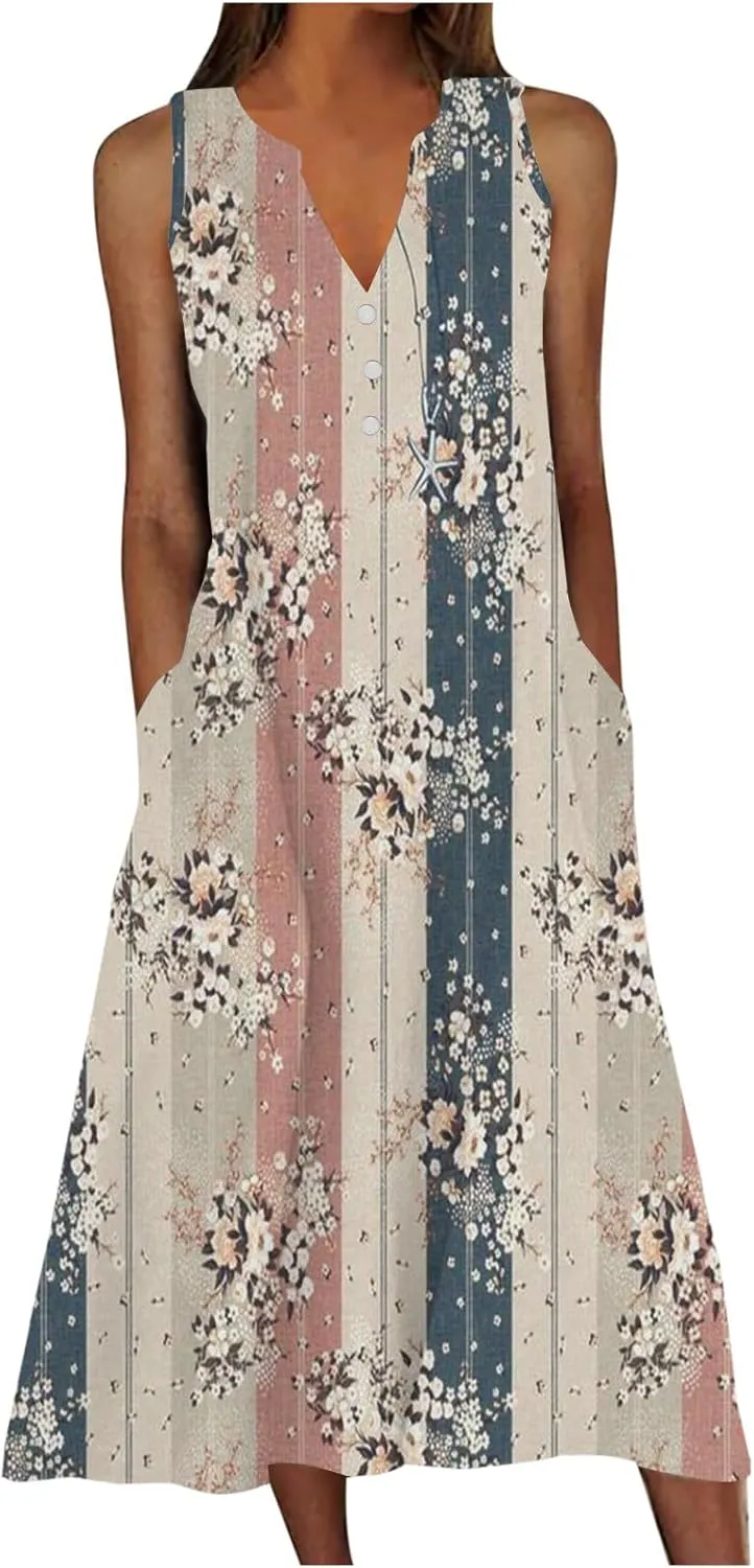 Summer Dresses for Women 2025 Casual Boho Beach Vacation Dress Floral V Neck Sundress Trendy Sleeveless Long Dresses
