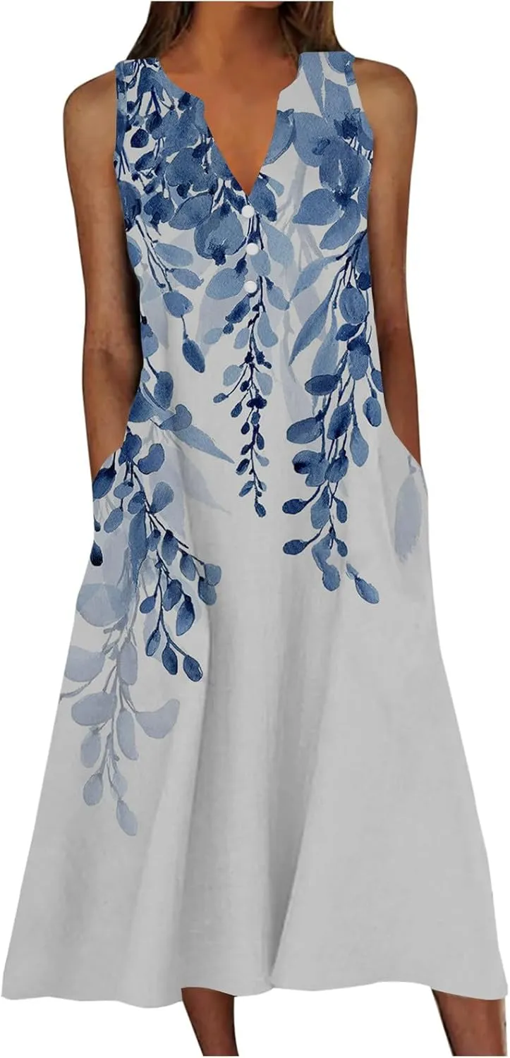 Summer Dresses for Women 2025 Casual Boho Beach Vacation Dress Floral V Neck Sundress Trendy Sleeveless Long Dresses