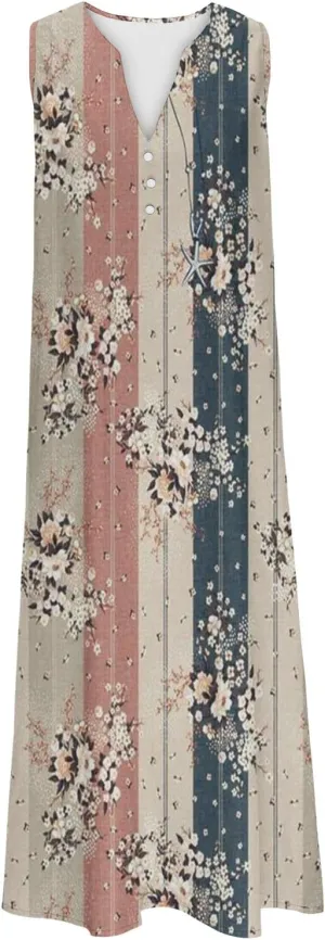 Summer Dresses for Women 2025 Casual Boho Beach Vacation Dress Floral V Neck Sundress Trendy Sleeveless Long Dresses