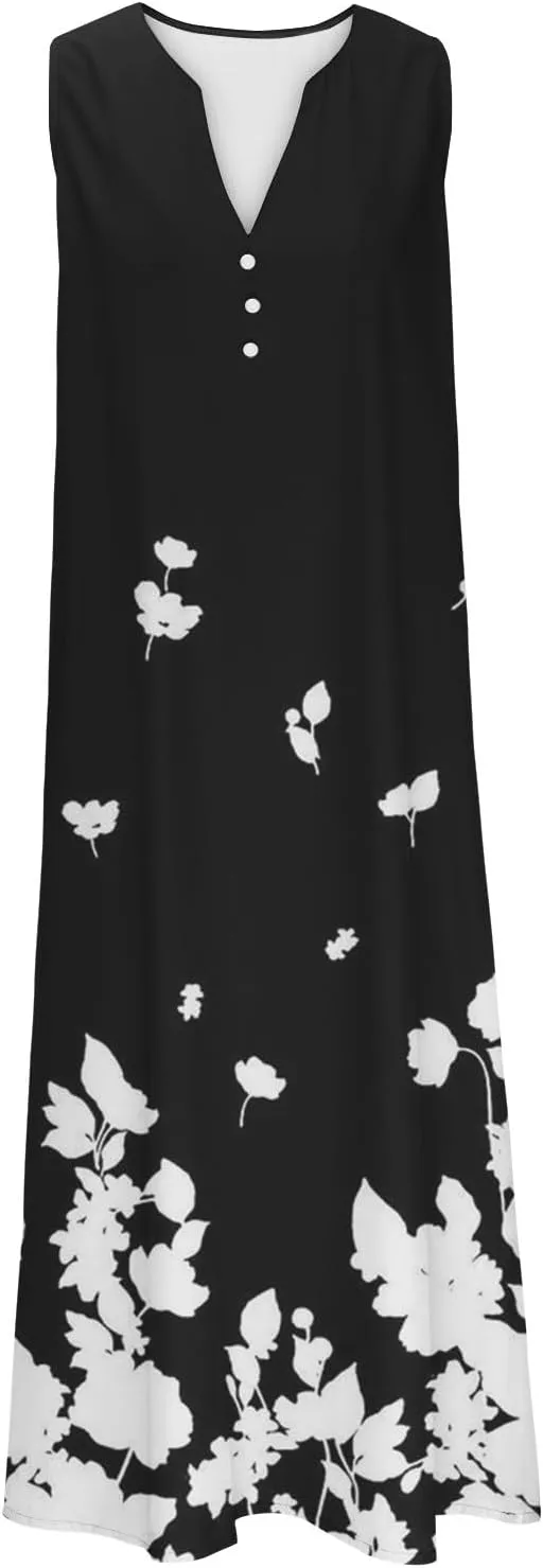 Summer Dresses for Women 2025 Casual Boho Beach Vacation Dress Floral V Neck Sundress Trendy Sleeveless Long Dresses