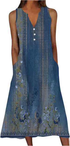 Summer Dresses for Women 2025 Casual Boho Beach Vacation Dress Floral V Neck Sundress Trendy Sleeveless Long Dresses